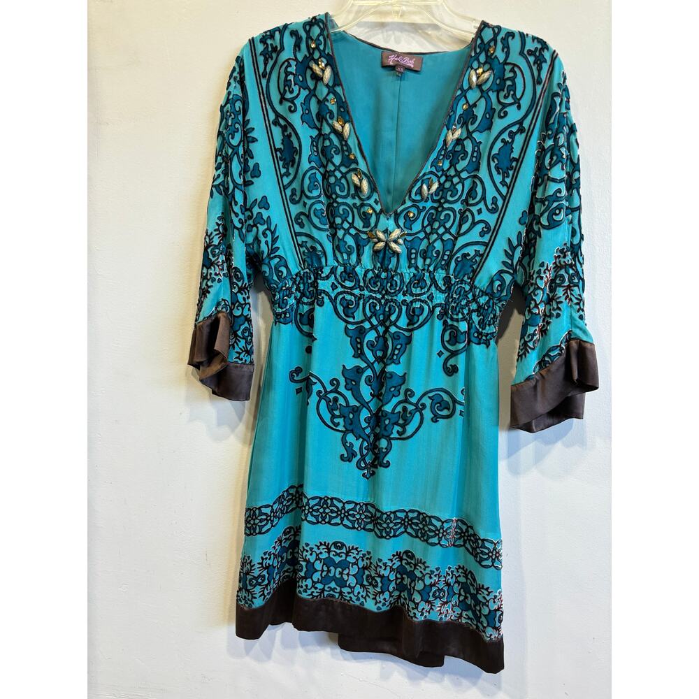 Hale Bob Burnout Velvet Tunic Dress Blue Brown Silk Blend Whimsical Fairy